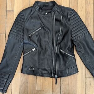 ZARA Trafaluc Real Leather Biker Jacket | Black Moto Quilted Shoulder | Size S